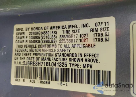 2011 Honda Cr-V Ex-L из США, поврежденный, VIN 5J6RE3H71BL041325